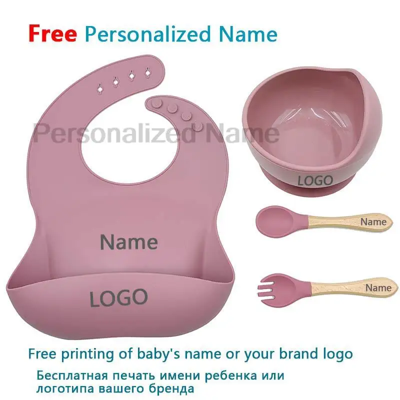 Personalized Name Baby Feeding Set Children\'s Silicone Suction Cup Bowl Training Spoon Fork Tableware Baby Feeding Bowl BPA Free