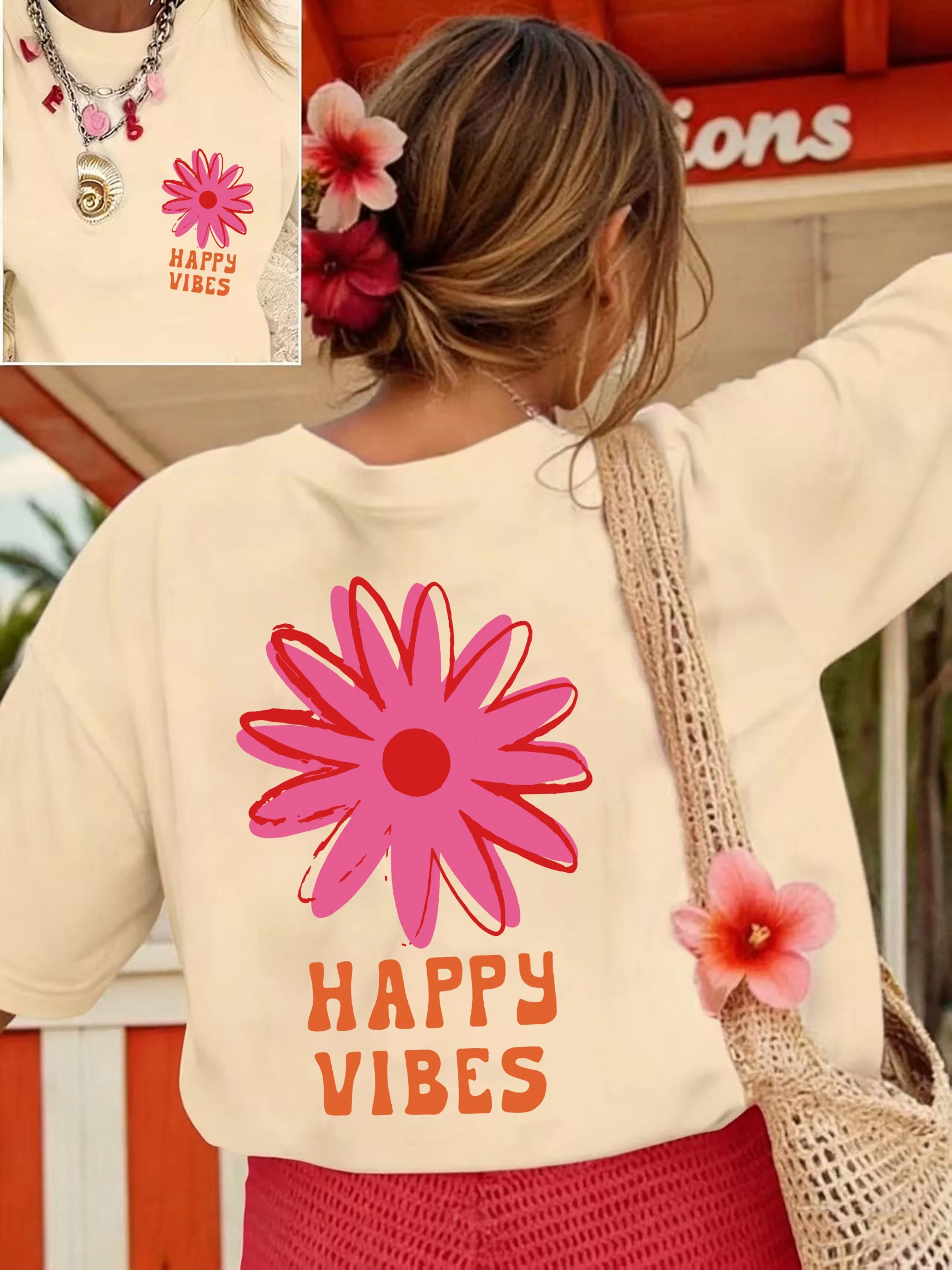 Happy Vibes Print Women'S T-Shirt, Soft And Comfortable, Suitable for Year-Round Wear