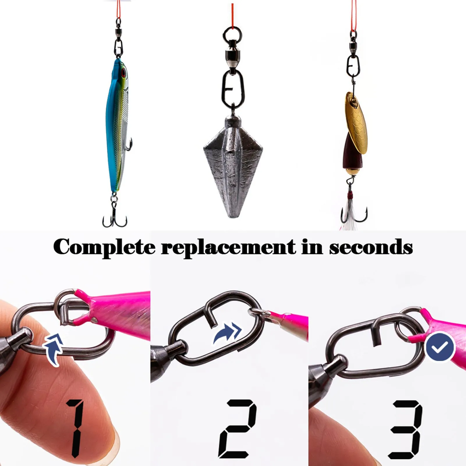 25pcs Fast Change Fishing Clip Snaps Fishing Rolling Swivel Free Spinning Bearing Fishing accessories Lake River Coastal Water