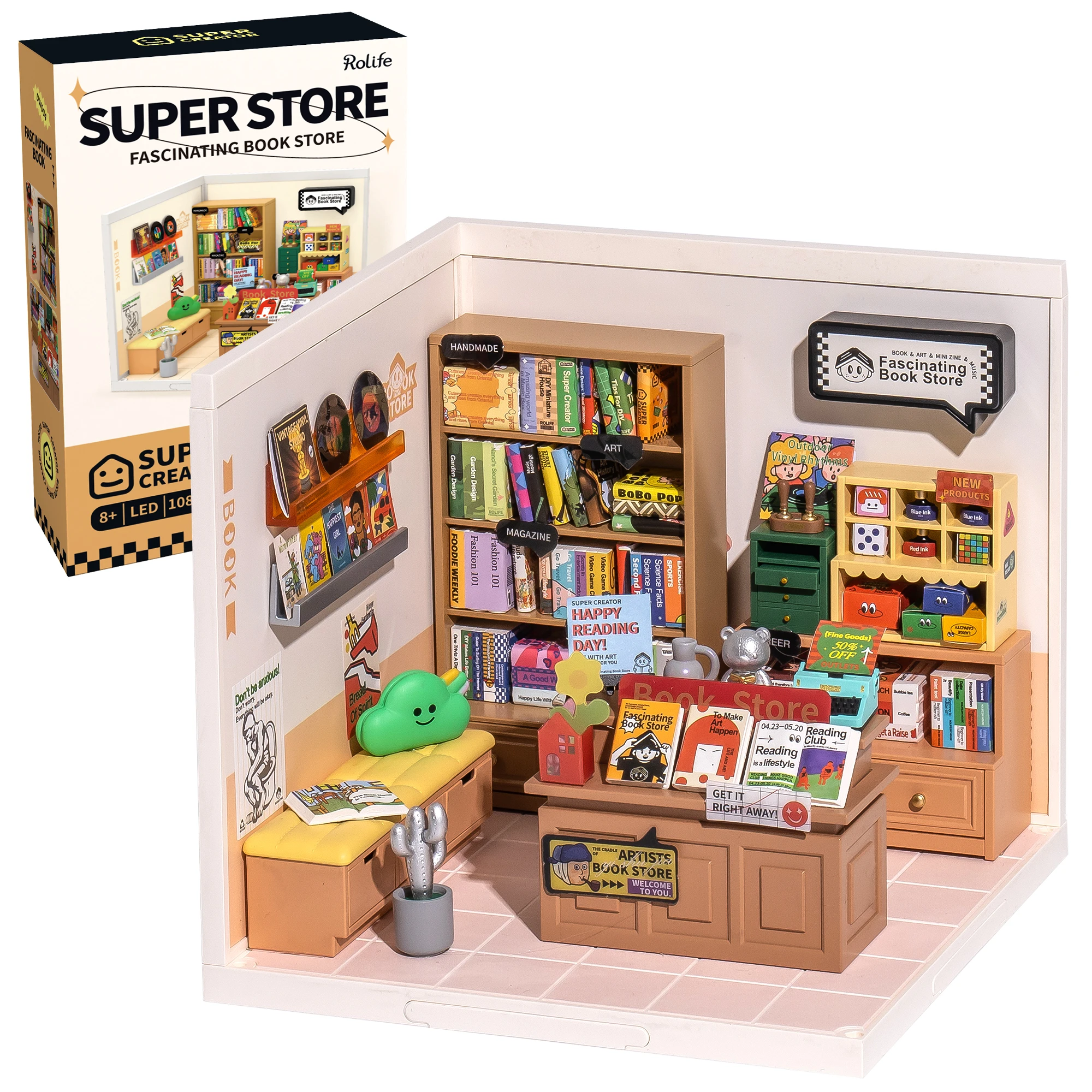 

Набор для сборки миниатюрного домика Rolife DIY: Увлекательный книжный магазин Super Creator, 3D-пазл, модель для сборки с LED-подсветкой, декор для дома
