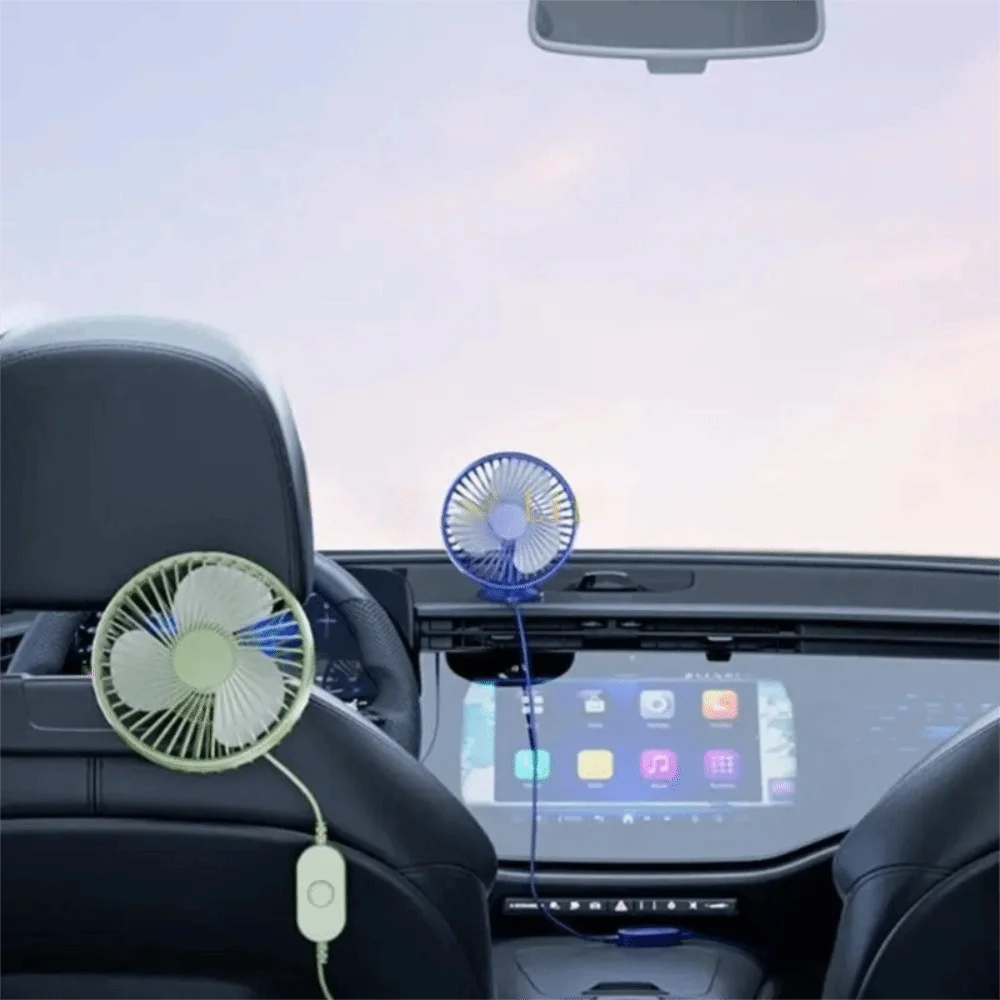Strong Wind Power Dual-Head Car Fan Multi-Angle Adjustable Dual Head Design Vehicle Cooling Fan USB Power Port Quiet Operation