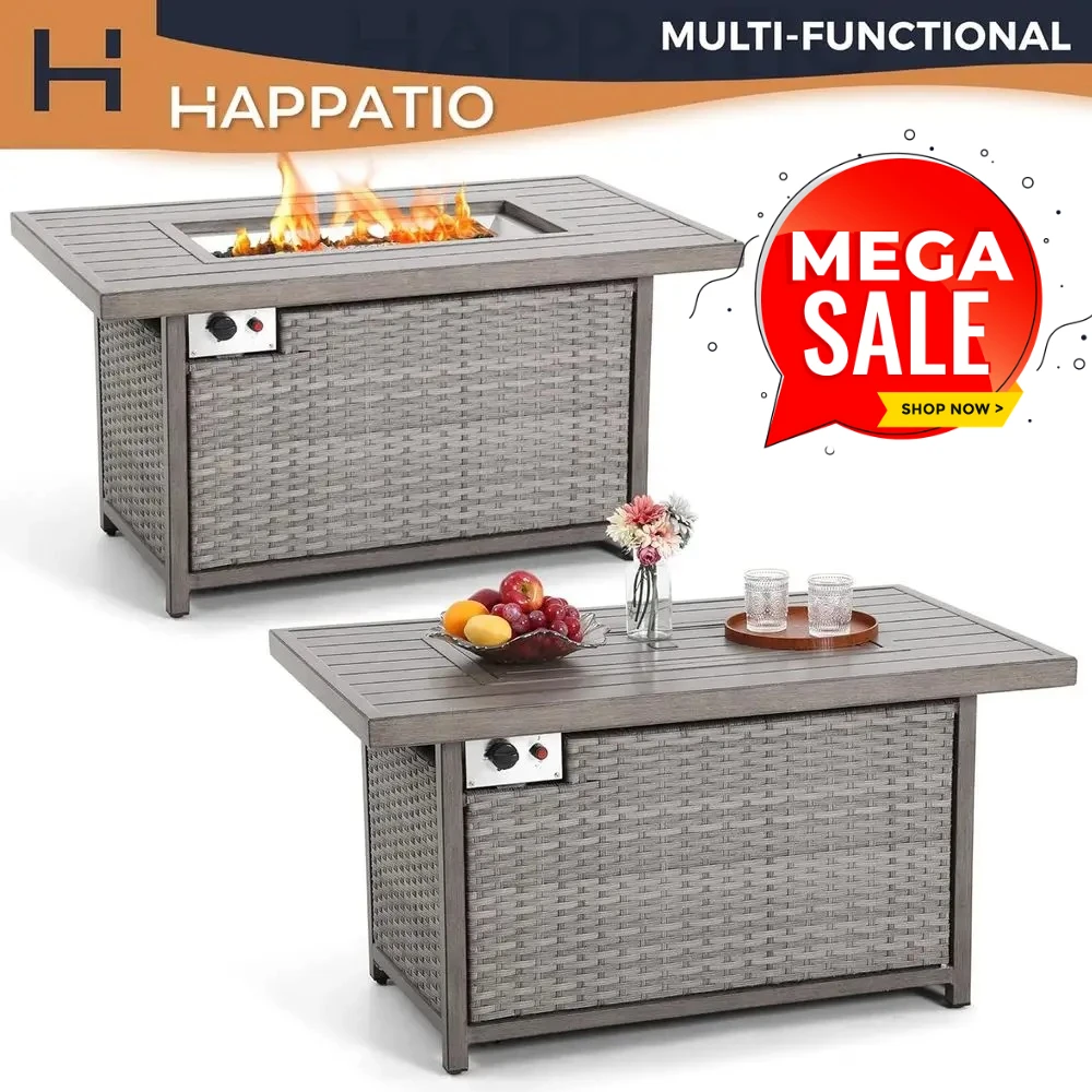 

48-inch Square Propane Fire Pit Table with Glass Rocks and Gray Wicker Weave