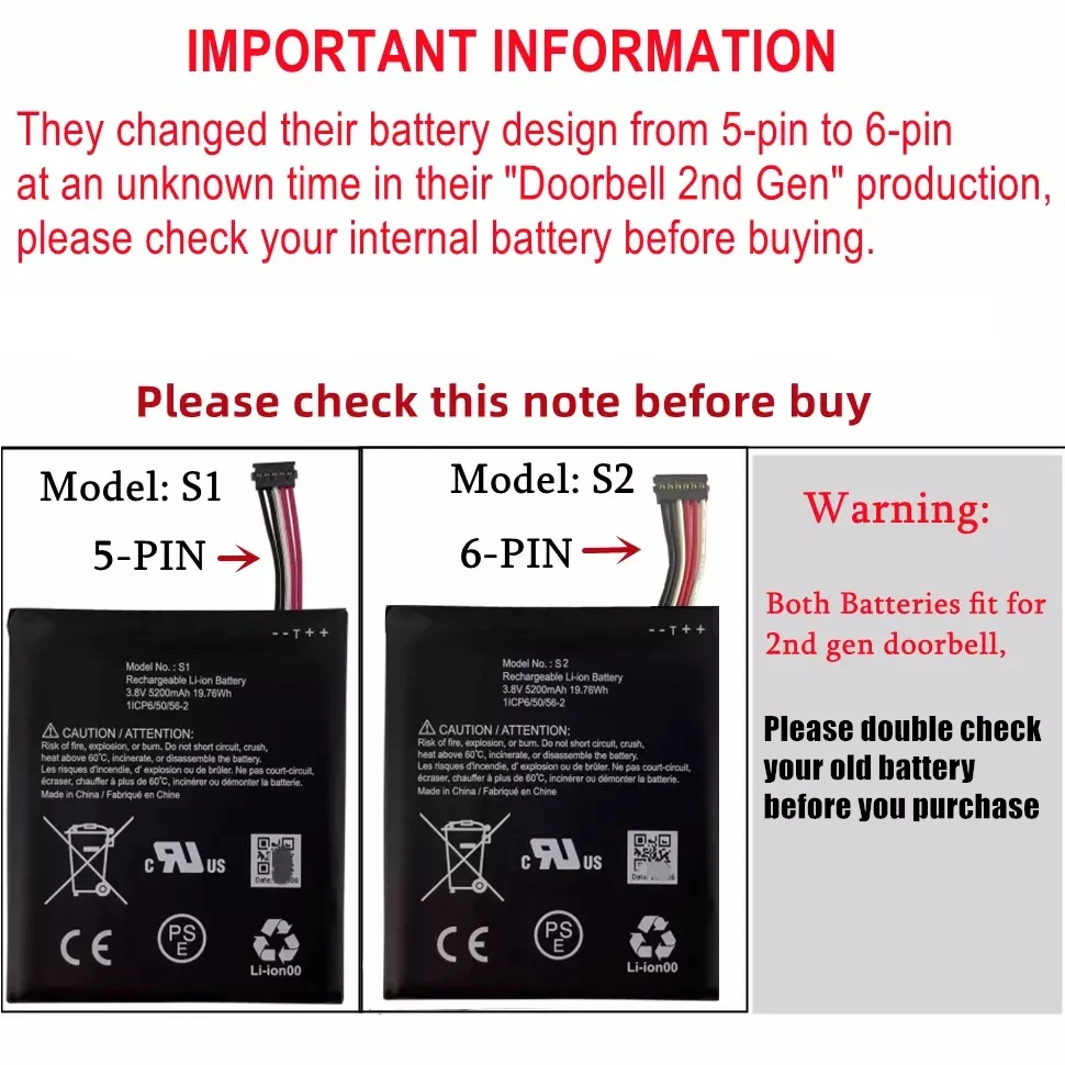 New Replacement Battery S1 / S2 For Ring Video Doorbell 2nd Generation release year 2020