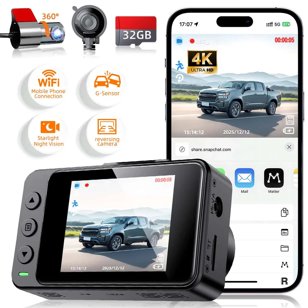 4K 듀얼 대시캠 전방 2160P & 후방 1080P |   WiFi 슈퍼 나이트 비전 주차 모니터 무료 앱 범용 마운트 - 선물
