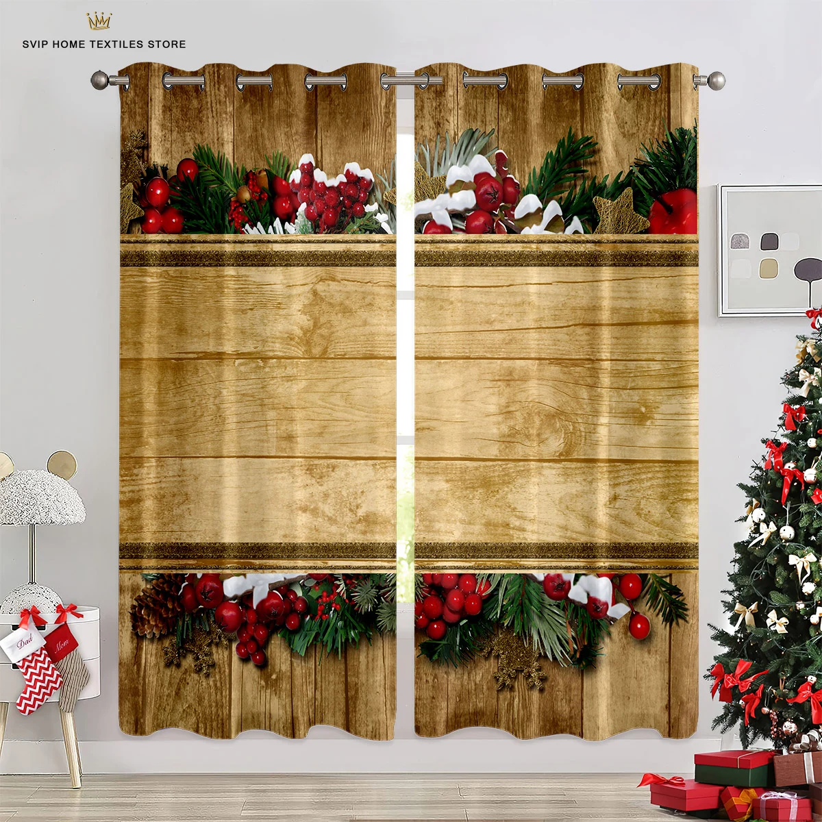 Christmas Wood Snowflake Print Curtains, Dog Print, Bedroom, Living Room, Dining Room, Holiday, Decorative, 2 Pcs