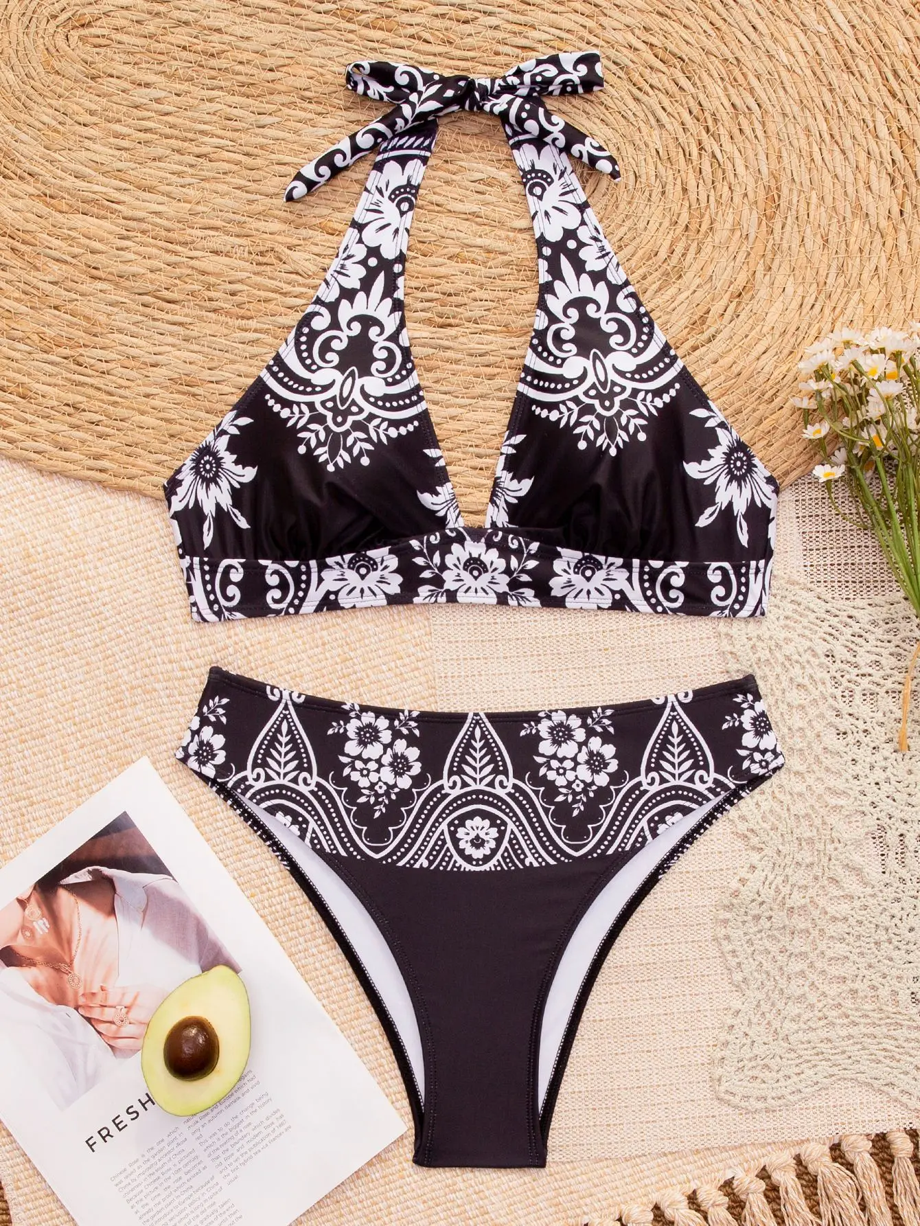 sexy vintage flower print halter back tie bikinis sets two pieces high waist swimsuits bathing suit swimwear biquini tankini