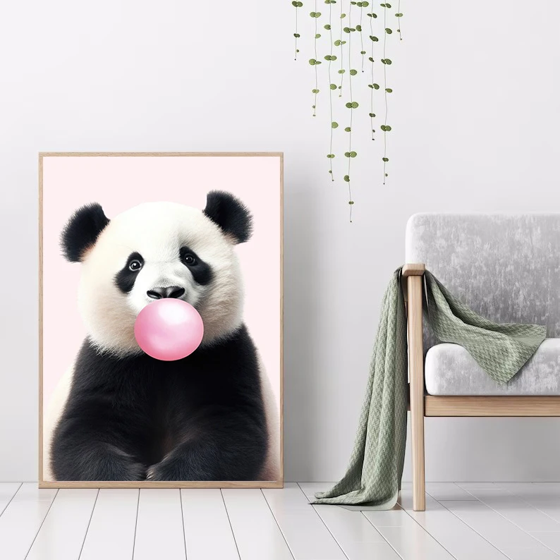 Cute Pink Panda Giraffe Bunny Cheetah Zebra Blowing Bubble Gum Poster Nursery  Canvas Painting for Kids Room Animal Print Decor