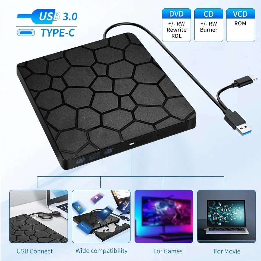 2 في 1 محرك أقراص DVD RW خارجي USB 3.0 نوع C واجهة رفيعة DVD كاتب أقراص مضغوطة مشغل محرك الأقراص الضوئية لأجهزة الكمبيوتر المحمول