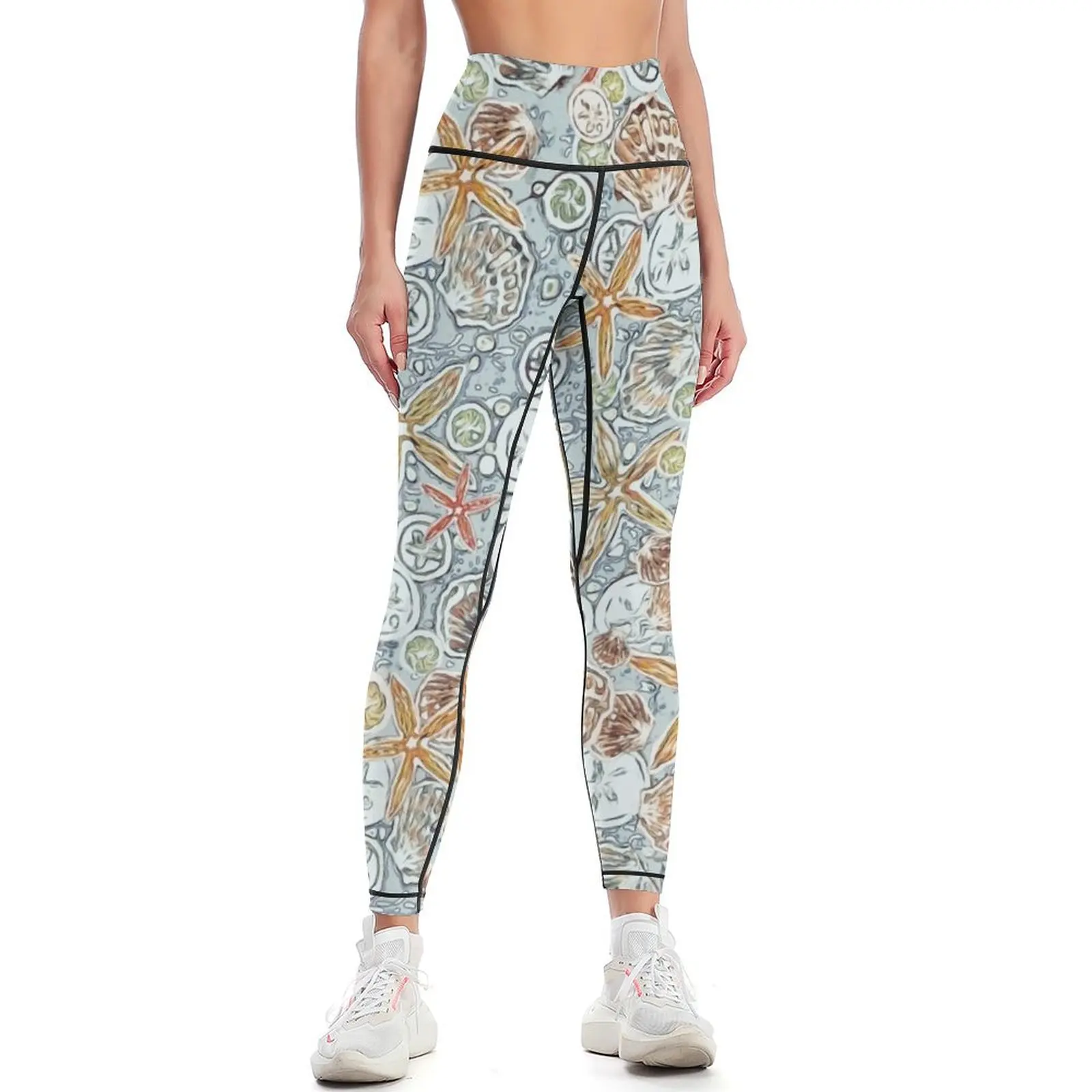 

Seashells, starfish, scallop shells, sand dollars on light teal Leggings Jogger pants sports woman gym Womens Leggings
