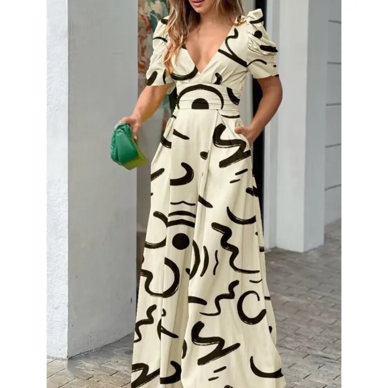 Women's New Summer Fashion Printed Jumpsuits Sexy V-Neck Wide Leg Pants Outfits Casual Temperament Elegant Long Pants Jumpsuits