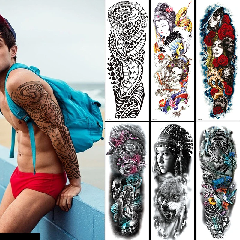 Tatuaggio temporaneo Full Arm Body Art Stickers impermeabile Large Arm Sleeve Tattoo Women Adult Man Semi Permanent Tattoo Lion Rose