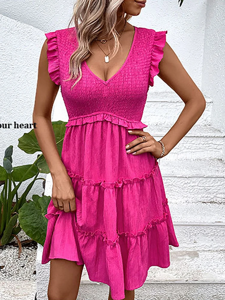 Summer Midi Dresses For Women Casual Red Ruffle Big Hem Holiday Beach Dress Fashion Sleevelee V Neck New In Dresses 2024