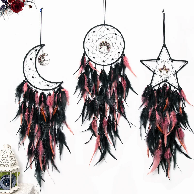 

Gothic Feather Dreamcatcher Hanging, Crystal Stone Handwoven Decor, Dark Boho Room Ornament, Unique Wall Gift