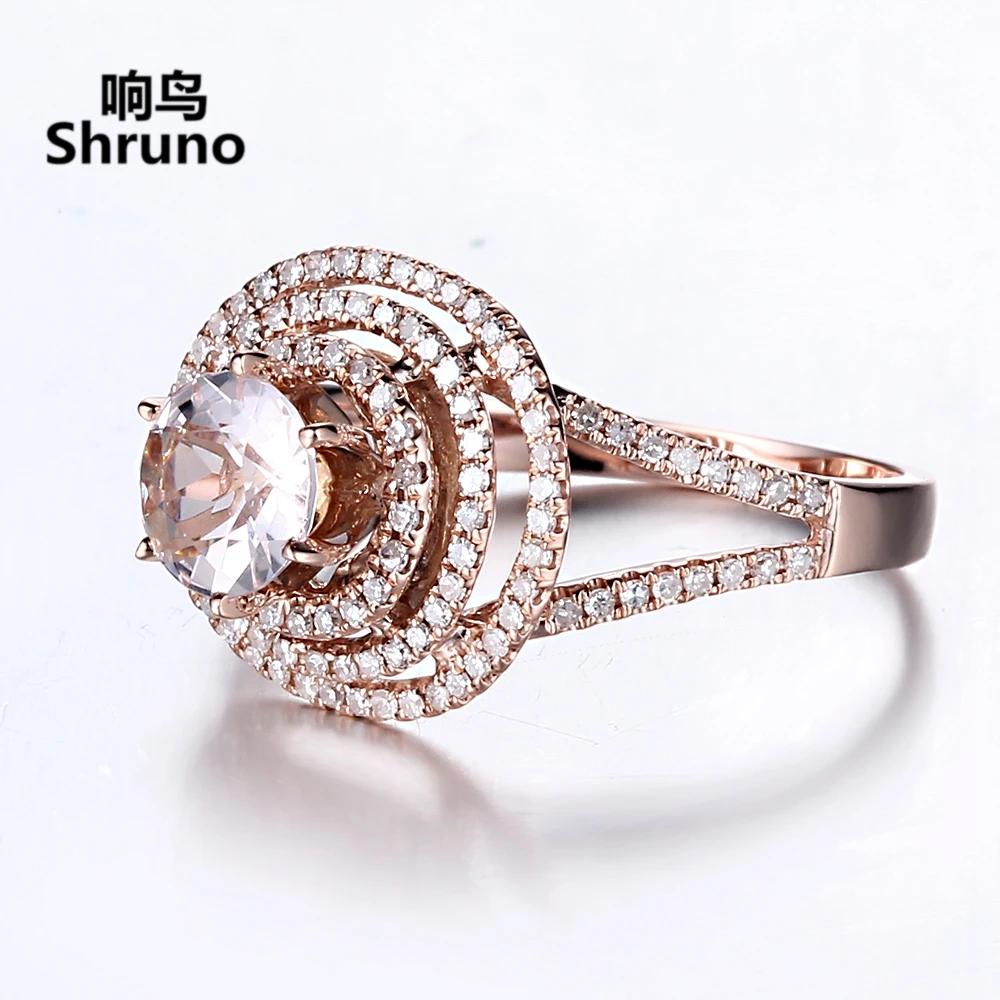 Shruno Solid 14K AU585 Rose Gold Round 6mm Genuine Natural Morganite Ring For Women Engagement Fine Jewelry Real Diamonds Ring