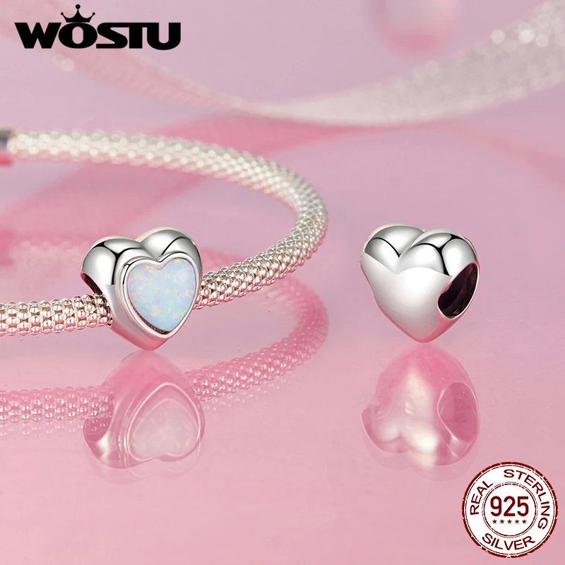 WOSTU 925 Sterling Silver Pink Heart Charms Lover Couple Wedding Pendant Opal Beads Fit for Original Bracelet DIY Valentine Gift