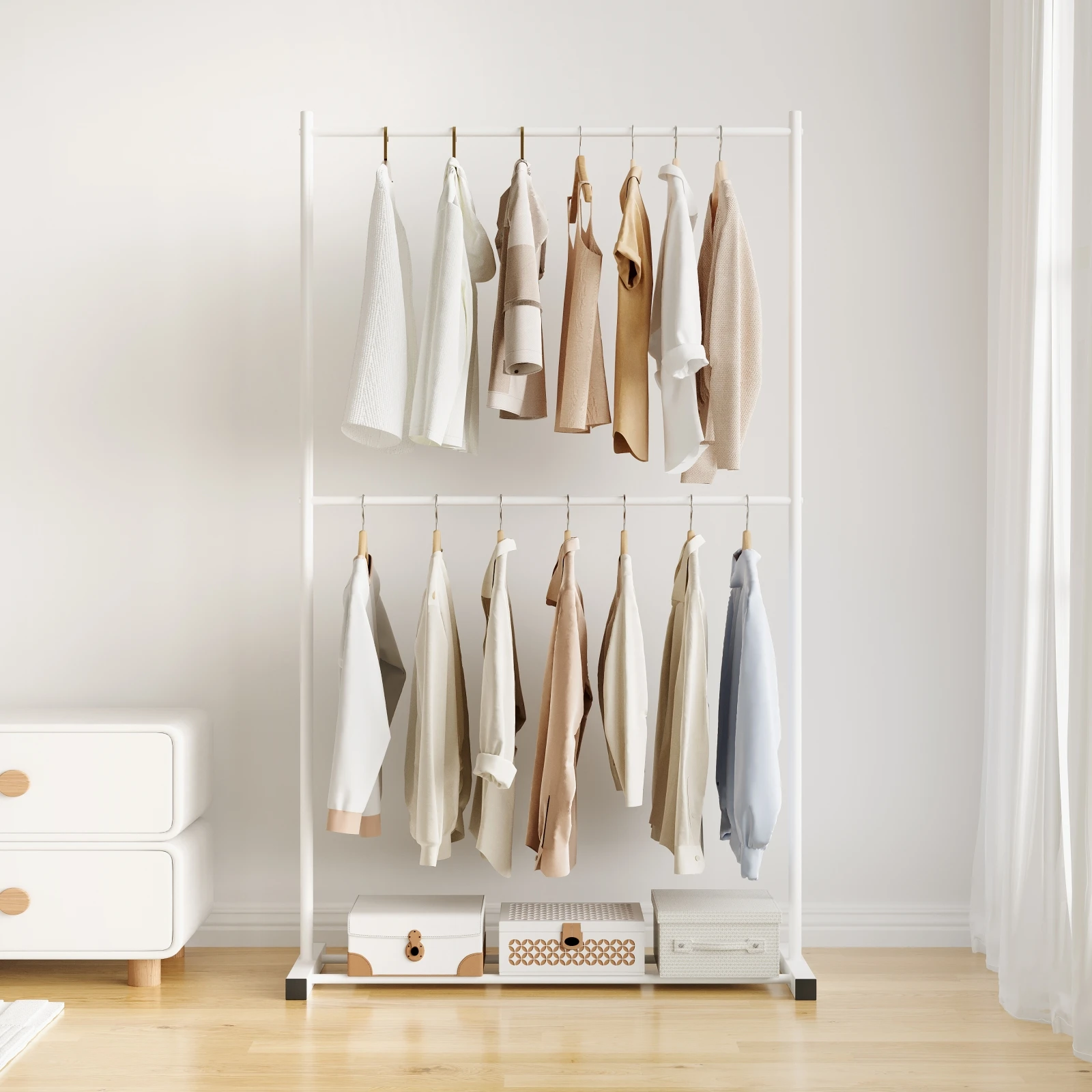 Cream-style freestanding household clothes rack, Nordic multifunctional balcony dormitory coat rack, simple storage rack for rental apartments