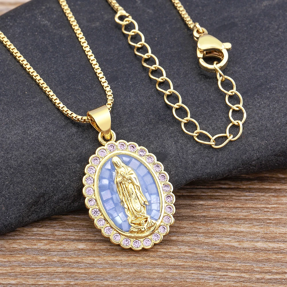 Nidin Top Quality Geometric Virgin Mary 4 Colors Shell Rhinestone Pendant Zircon Necklace Unisex Religious Jewelry Retro Gift