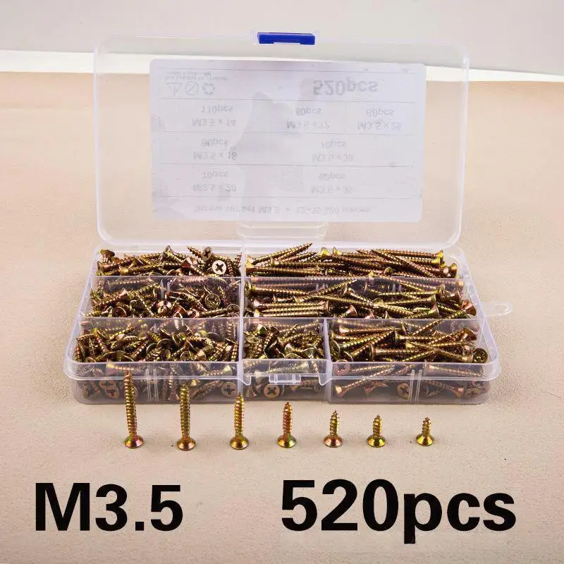 

520Pcs M3.5 Countersunk Self-Tapping Screw Kit: Color Galvanized for Woodworking & Industrial Decoration
