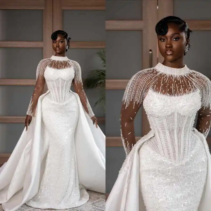 Luxe Lovertjes Zeemeermin Bruidsjurken Hoge Hals Trouwjurken Met Lange Mouwen Afneembare Trein Aangepaste Vestidos De Novia