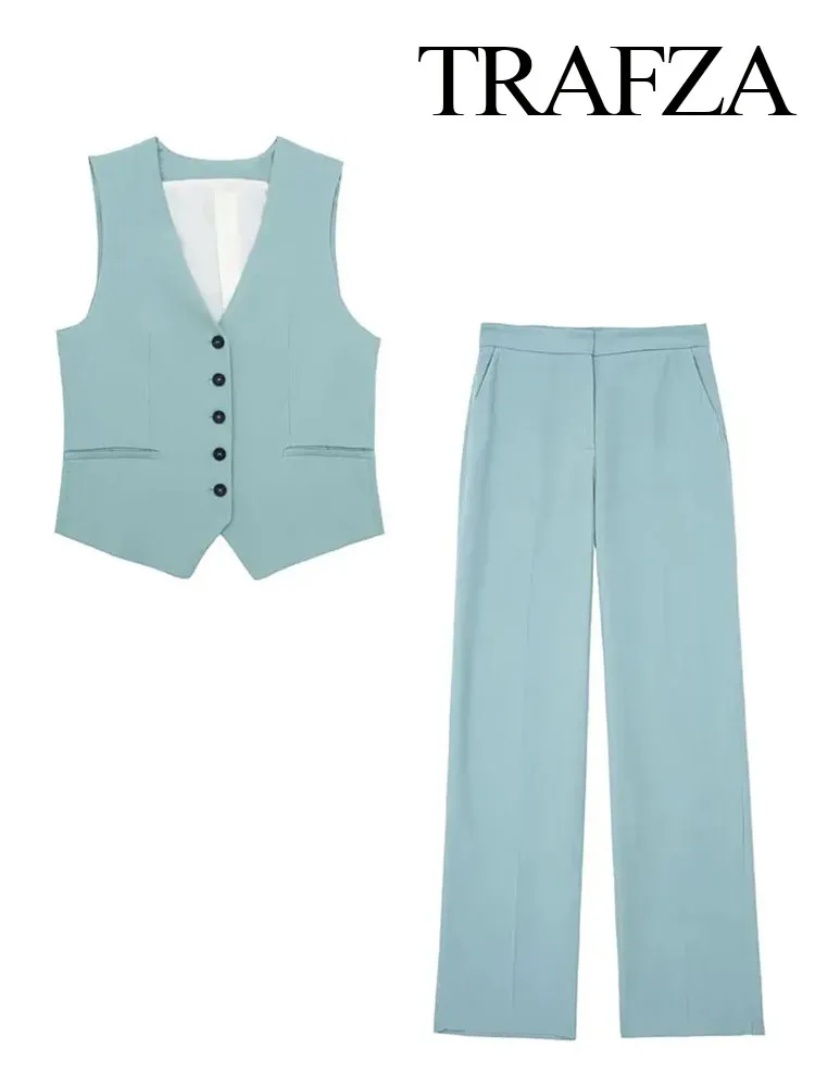 TRAFZA Vest Pant set per le donne moda autunno bottone con scollo a V Top gilet + pantaloni Slim a vita alta Office Lady Vintage Suit