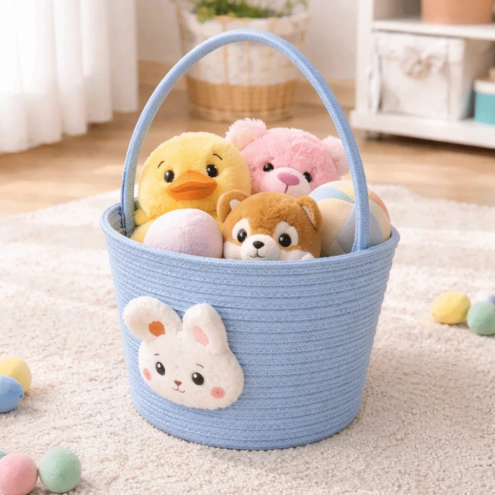 Cartoon Easter Gift Basket Hand-Woven Cotton Thread Easter Bunny Basket Long Handle Multi-Purpose Tote Basket Party Use