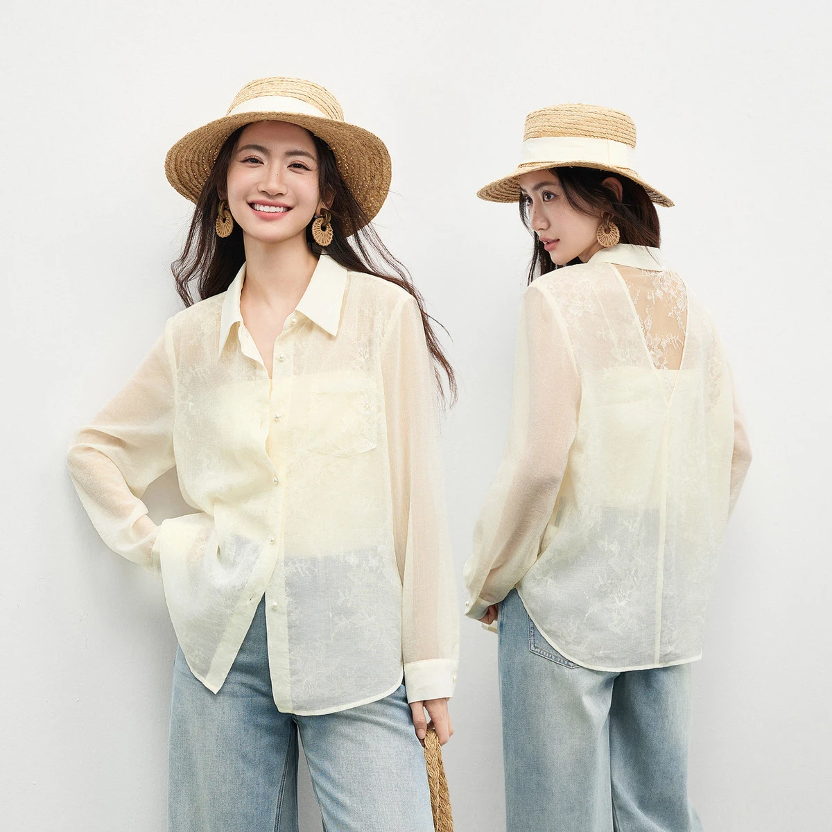 

SENTUBILA Office Blouses for Women 2026 Lace Sheer Shirt Lapel Collar Back Cutout Design Loose Casual Summer Tops 161CA5015