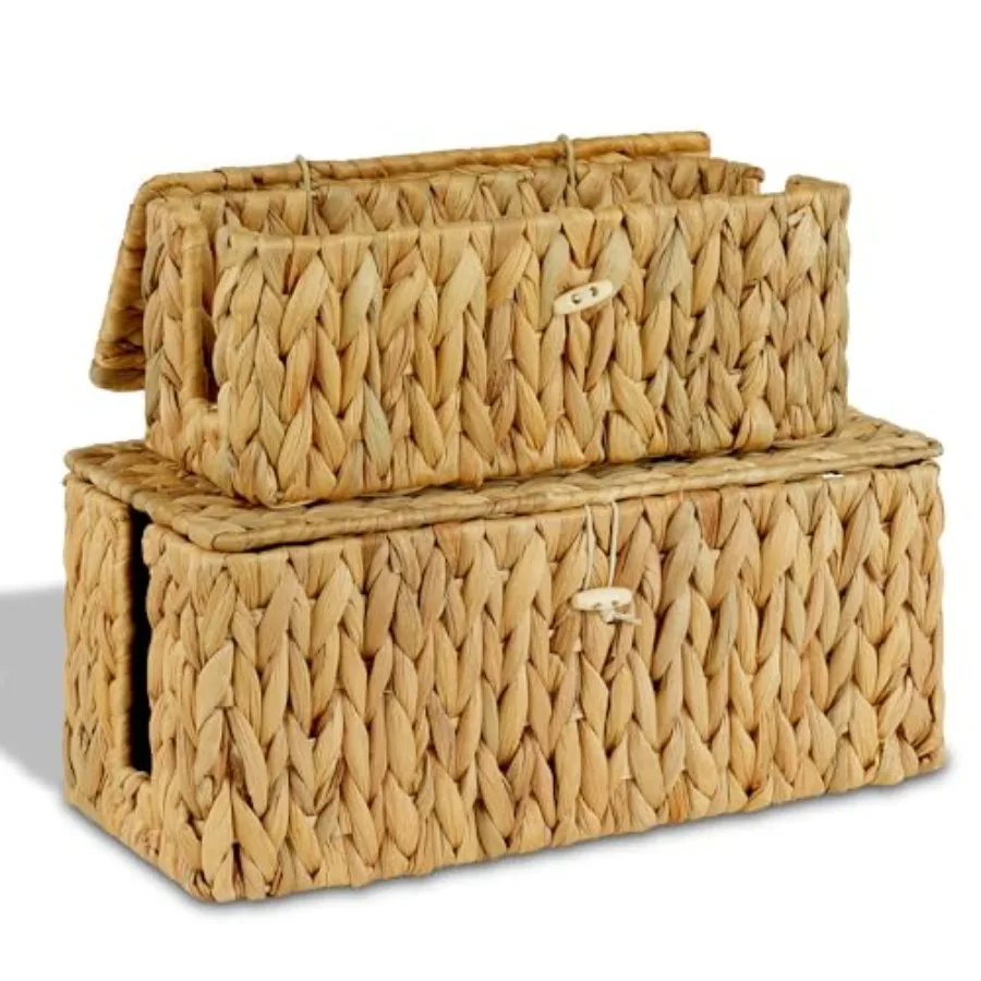 

2 Pack Hand-Woven Cable Management Box with Lid, Water Hyacinth Open Slots Cord Box to Hide USB Wire, Power Strip and Charger f