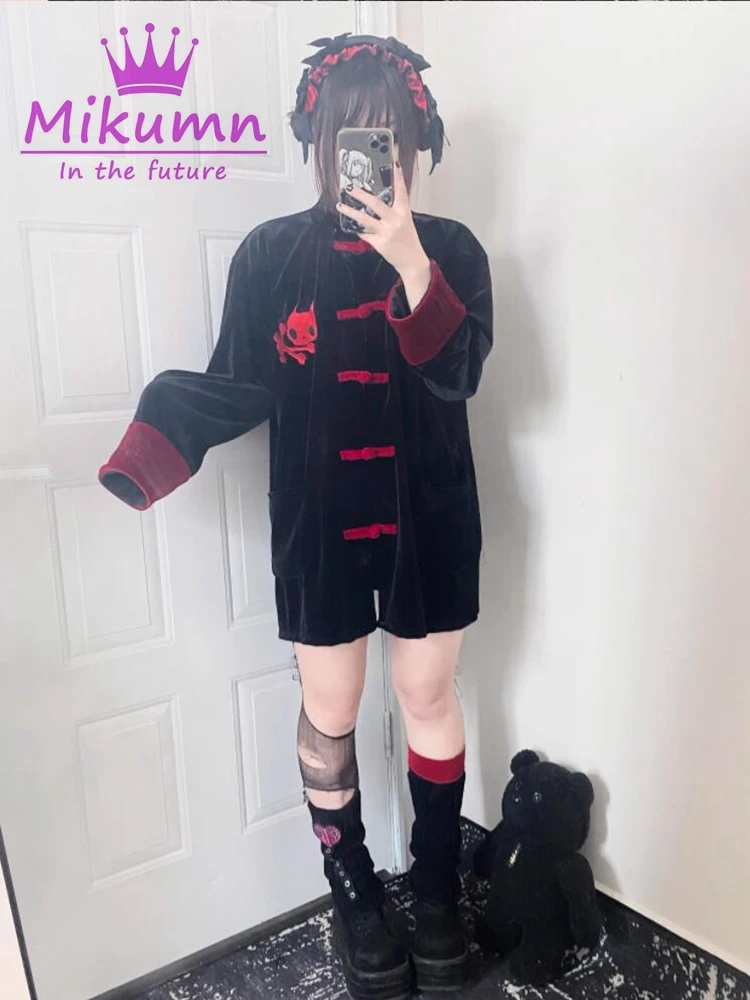 Y2k Japanese Harajuku Punk Women Dress Gothic Lolita Kawaii Embroidered Chinese Stand Collar Vintage Velvet Dress Autumn Coats