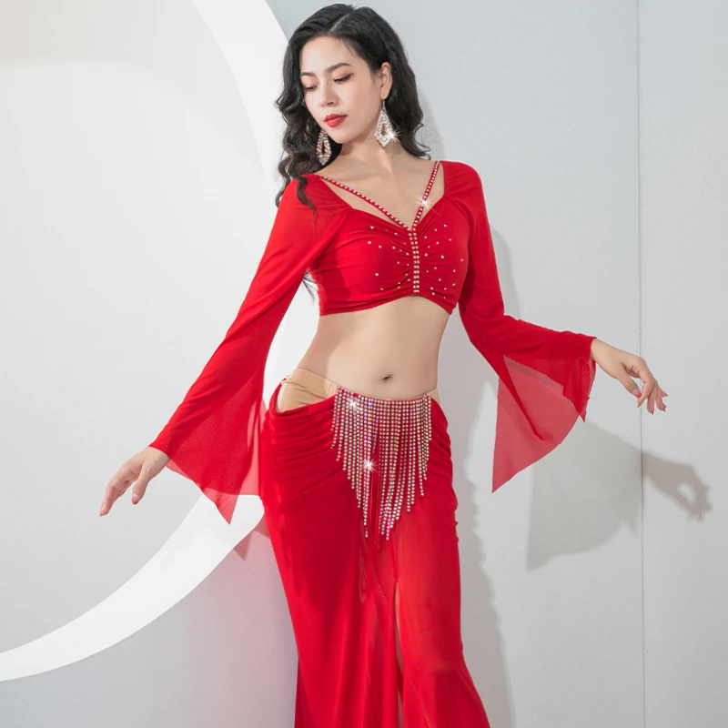 Belly Dance Costume Set for Women Long Sleeves Top+mesh AB Stones Long Skirt 2pcs Adult Oriental Belly Dancing Wear Clothing Set