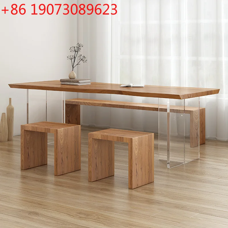 

Nordic solid wood dining table transparent suspended whole board office table and chairs simple household rectangle
