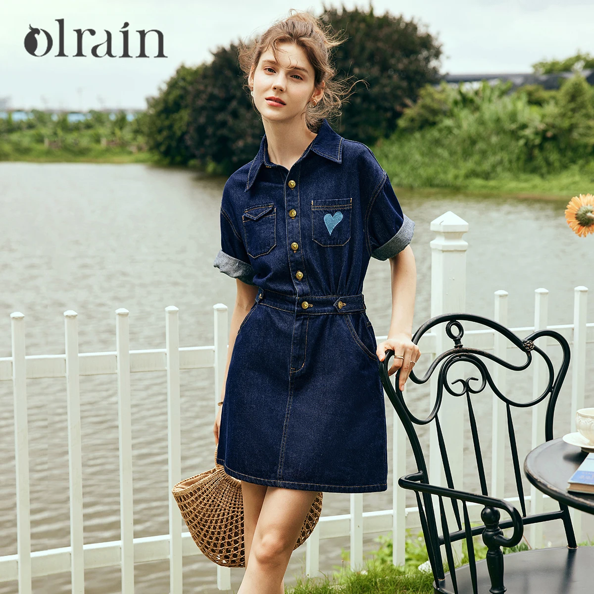 

OLrain Women's Denim Dresses 2026 French Fashion ‌Lady Embroidery Short Sleeve Denim Shirt Dress Woman Summer Clothes O57XL81535