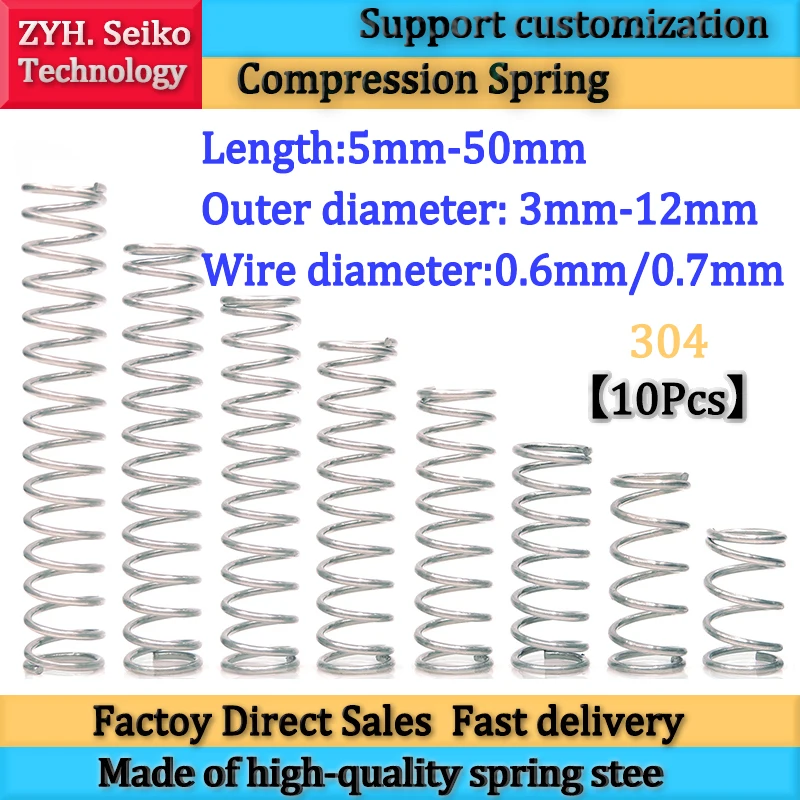 10Pcs Wire Diameter 0.6mm 0.7mm 304 Stainless Steel Micro Small Compression Spring OD 3mm/4mm/5mm/6mm/7mm/8mm/9mm/10mm/11mm/12mm