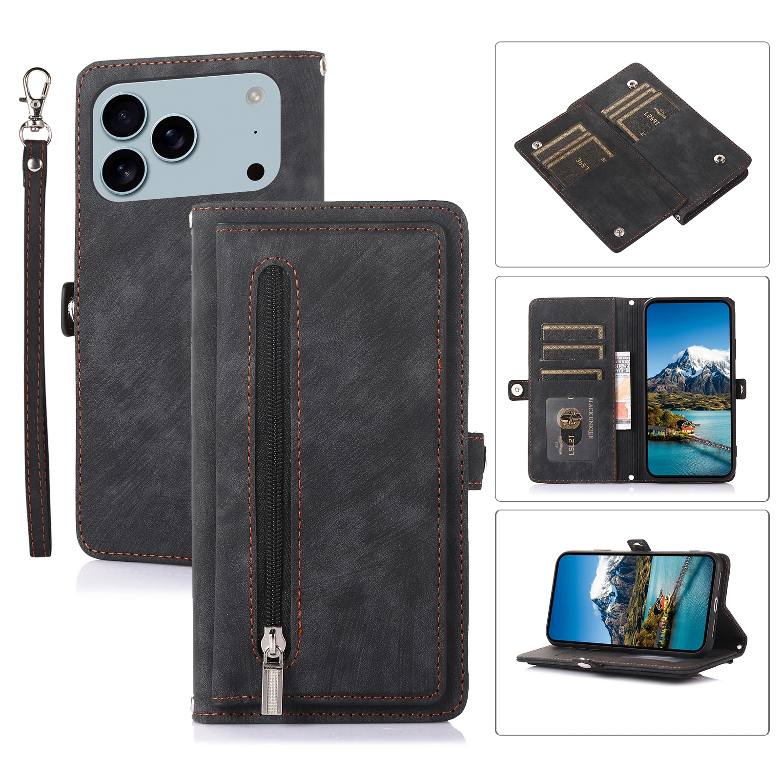 Strap Flip Leder Handyhülle für IPhone 17 Air 16E 15 14 13 Pro 12 11 XS Max X XR 7 8 Plus Crossbody Reißverschluss Wallet Card Cover