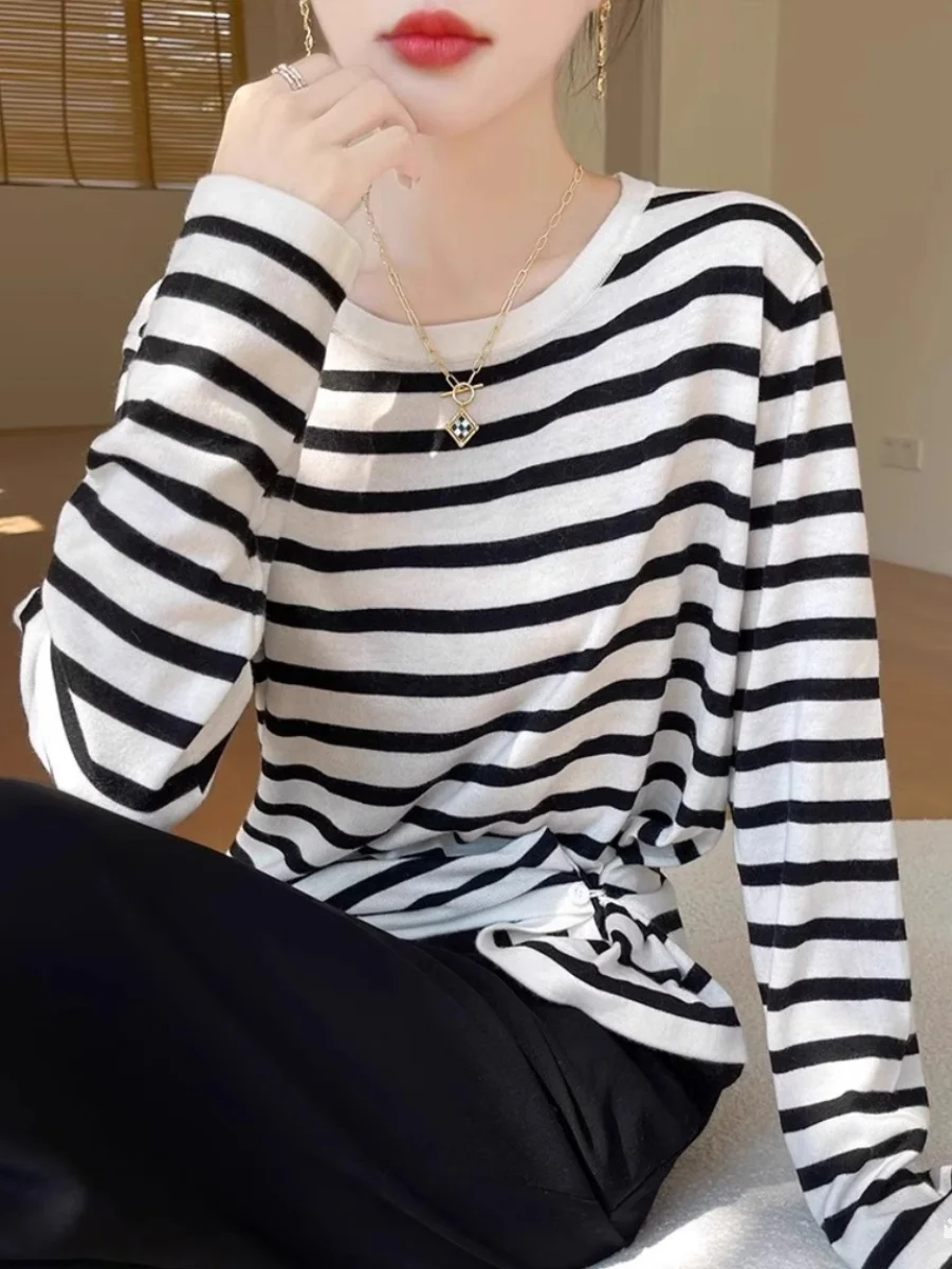 

Faionable Striped Knitwear Women's Long Sve Loose Base irt Spring New Arrival Commute Sle round Ne Knitted Top