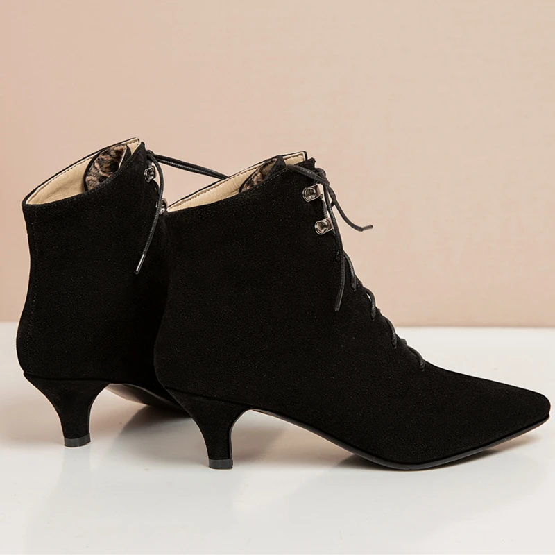 Fashion Lace Up Ankle Boots For Women Casual Low Heels Pointed Toe Beige Gray Women\'s Ankle Boots Short Shoes Lady Large Size 48