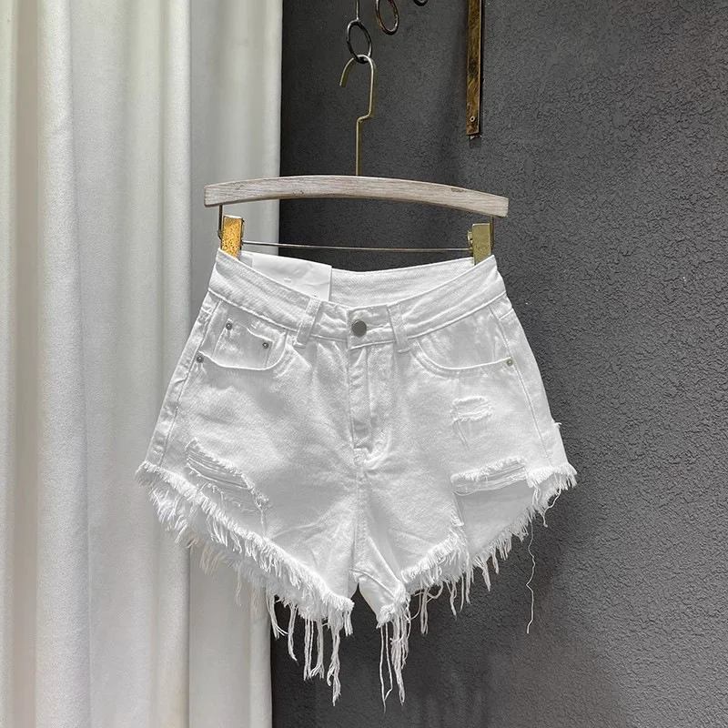 Women Gray High Waist Denim Shorts Female Summer Hottie Show Hole Fringe Fur-Edged Beggar Wide Leg Pants Hot Jeans Mujer