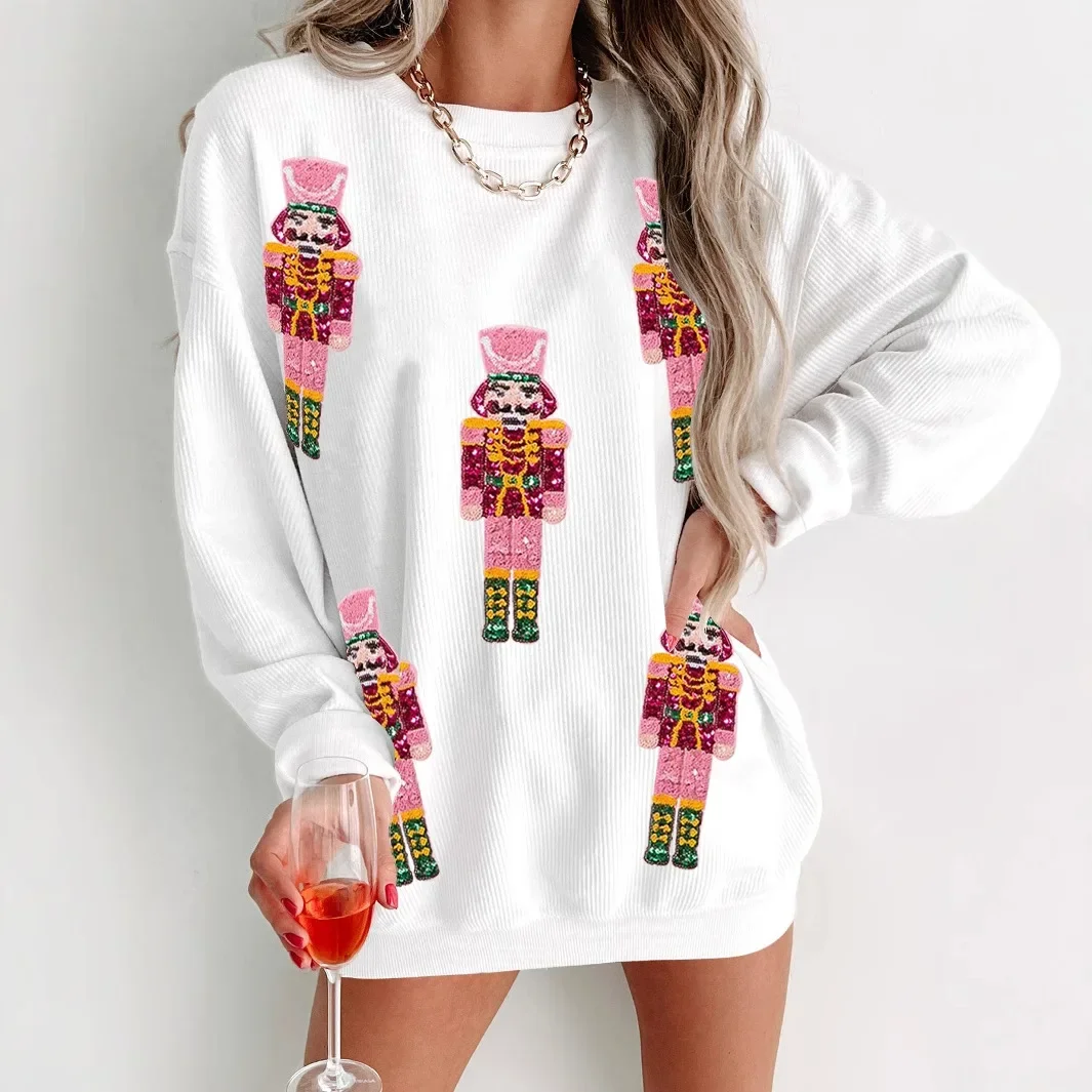 

Long Sleeve Hoodie Woman Streetwear 2024 Autumn/Winter Fashionable and Versatile Christmas Bead Round Neck Loose Tops Female