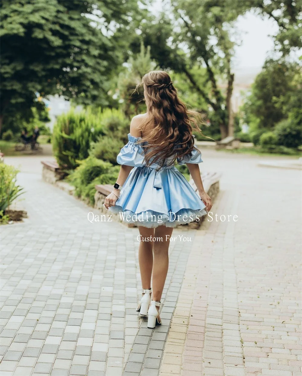 Qanz Customized Blue Vestidos De Fiesta Puff Sleeves Short A Line Lace Up Back Vestidos De Graduación Birthday Party Dresses