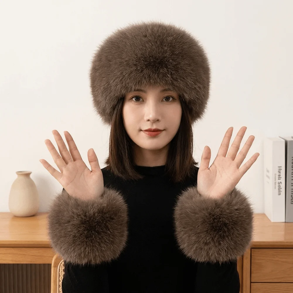 3Pcs/Set Retro Elastic Wide Fur Cuffs Hat Soft Furry Headband Wristband Set Windproof Empty Top Cap Warm Thick Hairband Adult