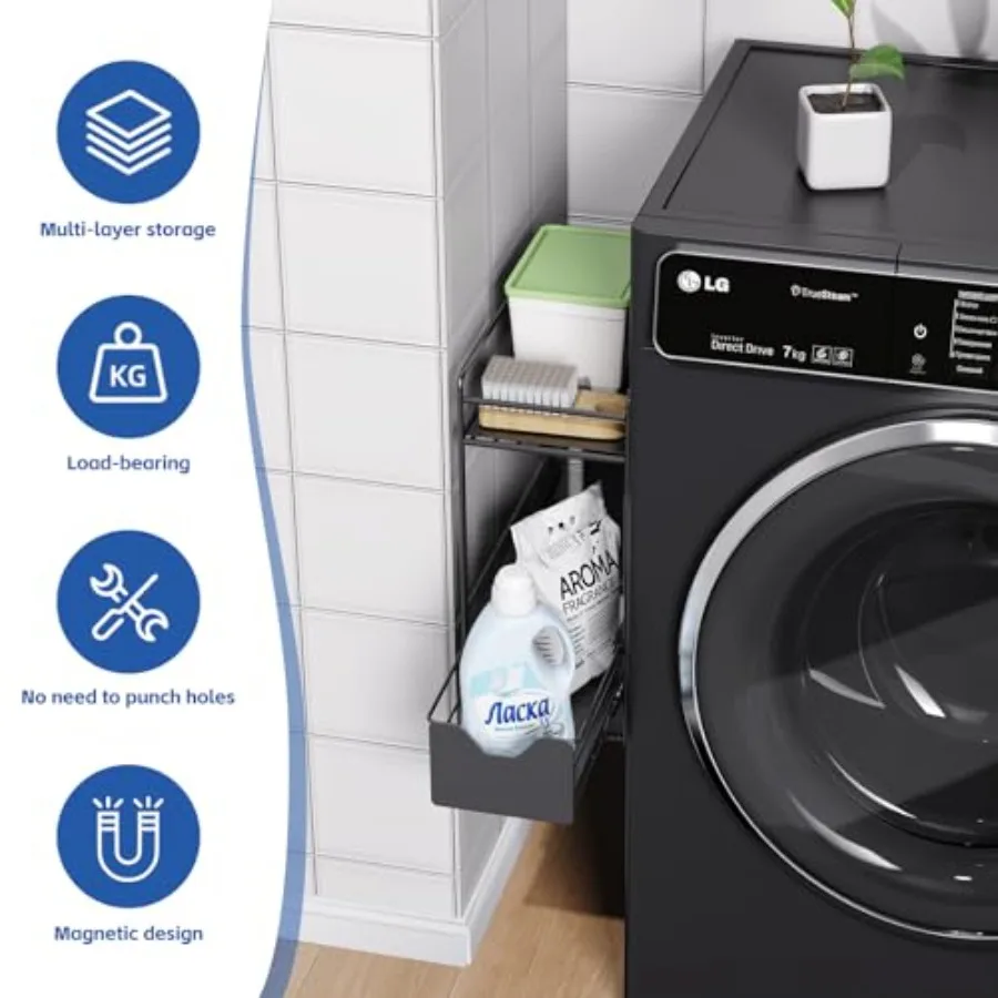 2 Tier Magnetic Shelves for Washing Machine with Pull Out Metal DrawerMagnetic Spice Rack for Fridge Magnetic Rack with no Inst