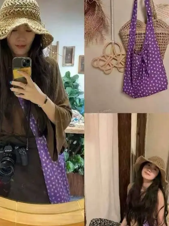 حقيبة قماشية جديدة لعام 2025 بنقشة النقاط البنفسجية والزهور، حقيبة كتف نسائية كبيرة السعة للتنقل اليومي، حقيبة كروس عصرية بأس...