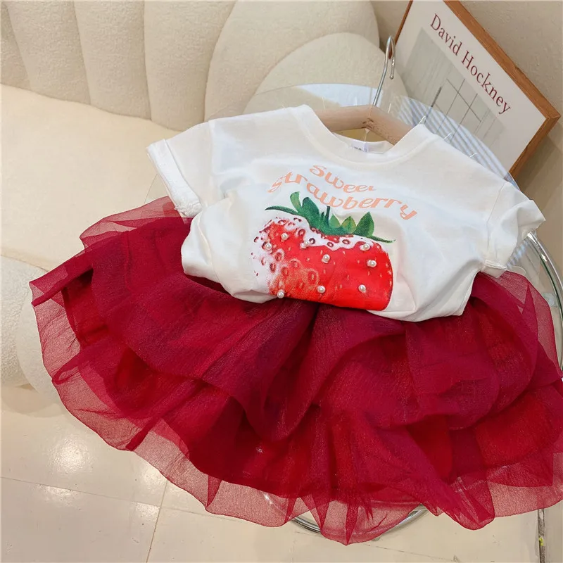 2025 Kids Summer Clothing Set: Strawberry Print Top + Multi-layer Red Mesh Skirt 2PCS Playtime 2-7Y Kids Clothes Girls