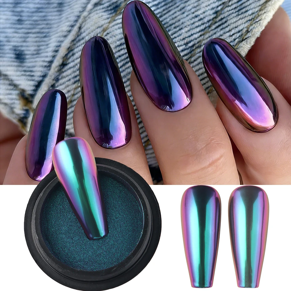 1 Boîte de Poudre à Ongles Caméléon Bleu Violet Chromé, Pigment Marmelade Métallique Effet Miroir, Paillettes pour Nail Art, Décoration en Flocons à Frotter