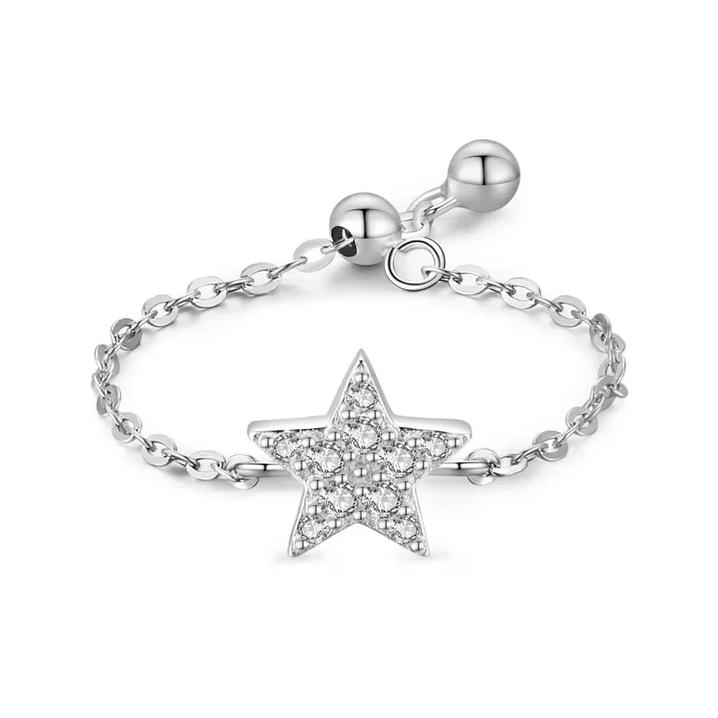 

New S925 Women's Sterling Silver Star Ring with European and American Style Adjustable Open Chain Link