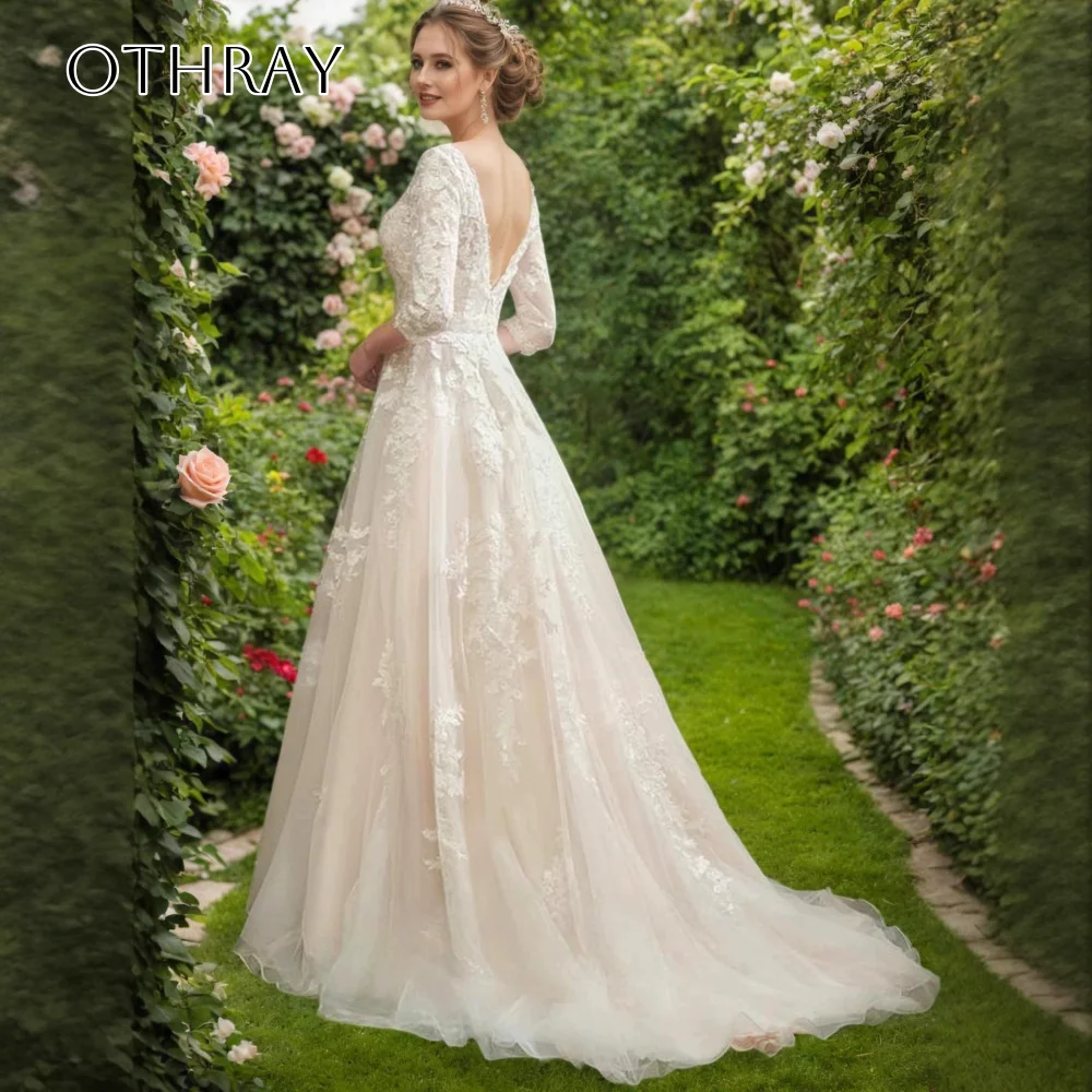 V-neck Appliques Half Sleeves A-line Bridal Wedding Gowns Backless Tulle Sweep Train Customized свадебное платье