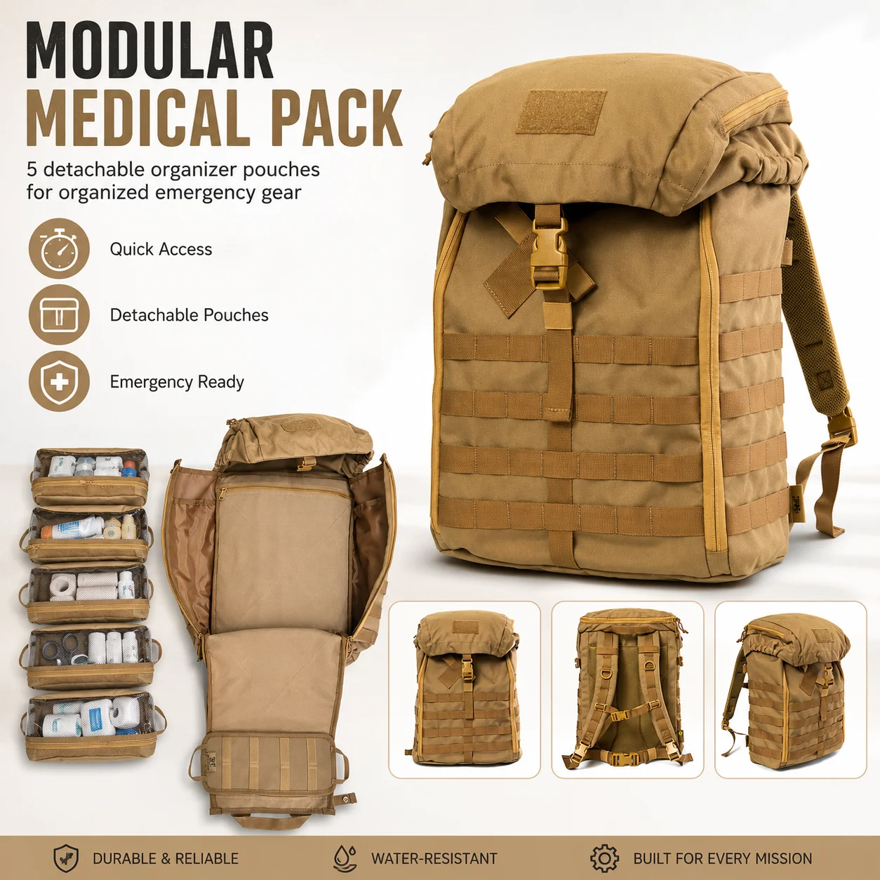 MT Tactical Medical Backpack Modular Emergency Response Pack with Detachable Organizer Pouches MOLLE System for Outdoor Rescue F