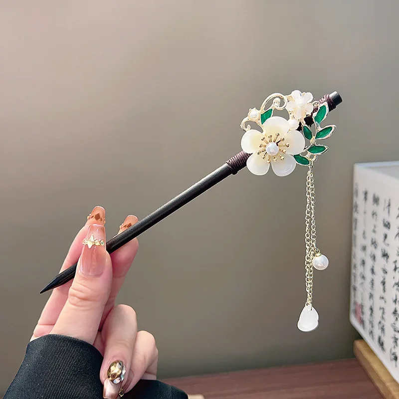 Classic Tassel Hair Stick Black Wooden Flowerl Pearl Hairpin Chinese Hanfu Hair Accessories Retro Bride Wedding Hair Bun Jewelry view 5