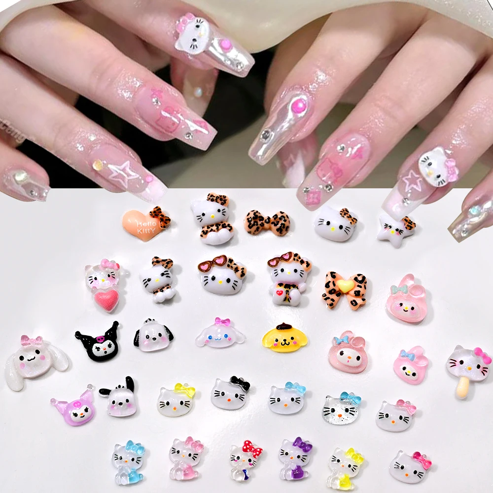 50 ชิ้น Kawaii Sanrio เล็บอุปกรณ์เสริม 3D Mini Hellokitty/Melody ตกแต่งเล็บ Charms DIY เคสโทรศัพท์ Hairpin เล็บงานฝีมือ