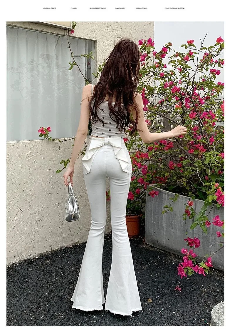 Bow Tie Jeans Women's American Vintage Three-dimensional Micro-large Summer Thin Pants New High-waisted Skinny Hip Flare Pants