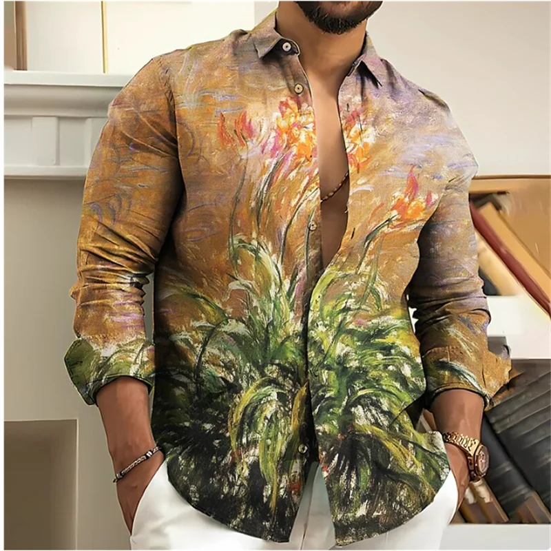 Vintage Men's Shirt Printed 3D Printed Floral Pattern Lapel Long Sleeve Outdoor Streetwear Fashion Clothing Casual Spring Autumn